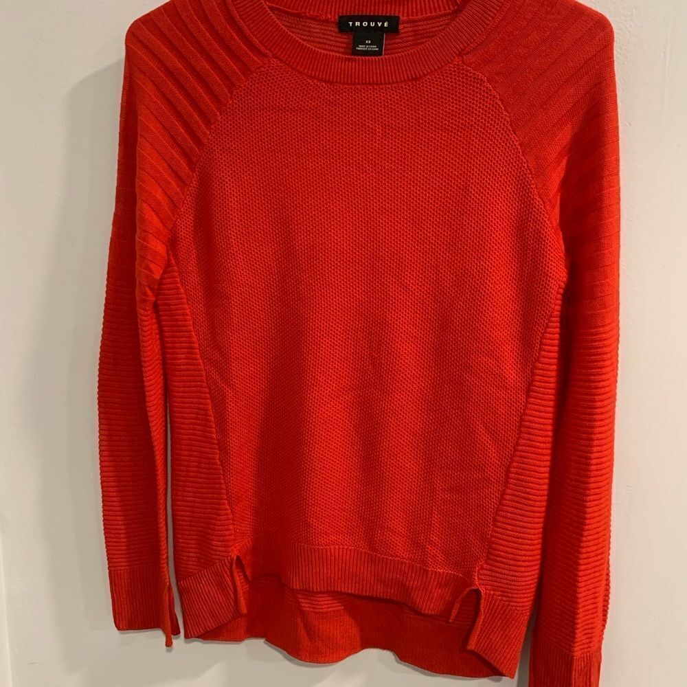 Trouve Red Crew Neck Sweater with Ribbed Texture